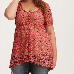 Torrid Peach Floral Lace Babydoll Hi-Lo Cut Top